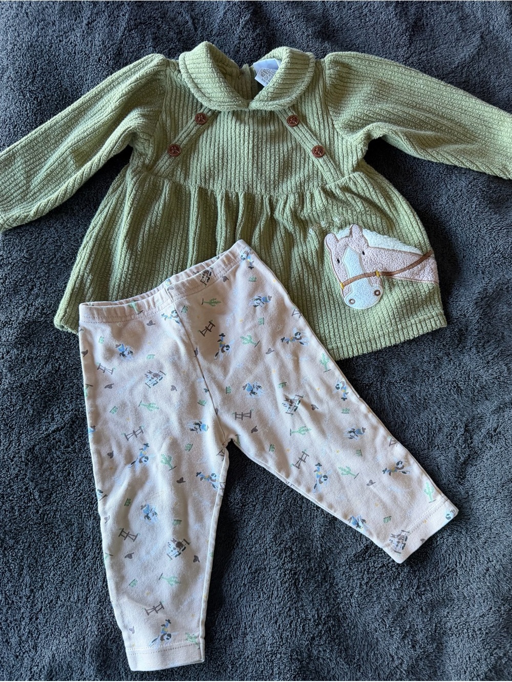 Olive Green Knit Baby Dress with Horse Appliqué & Cream Printed Leggings
